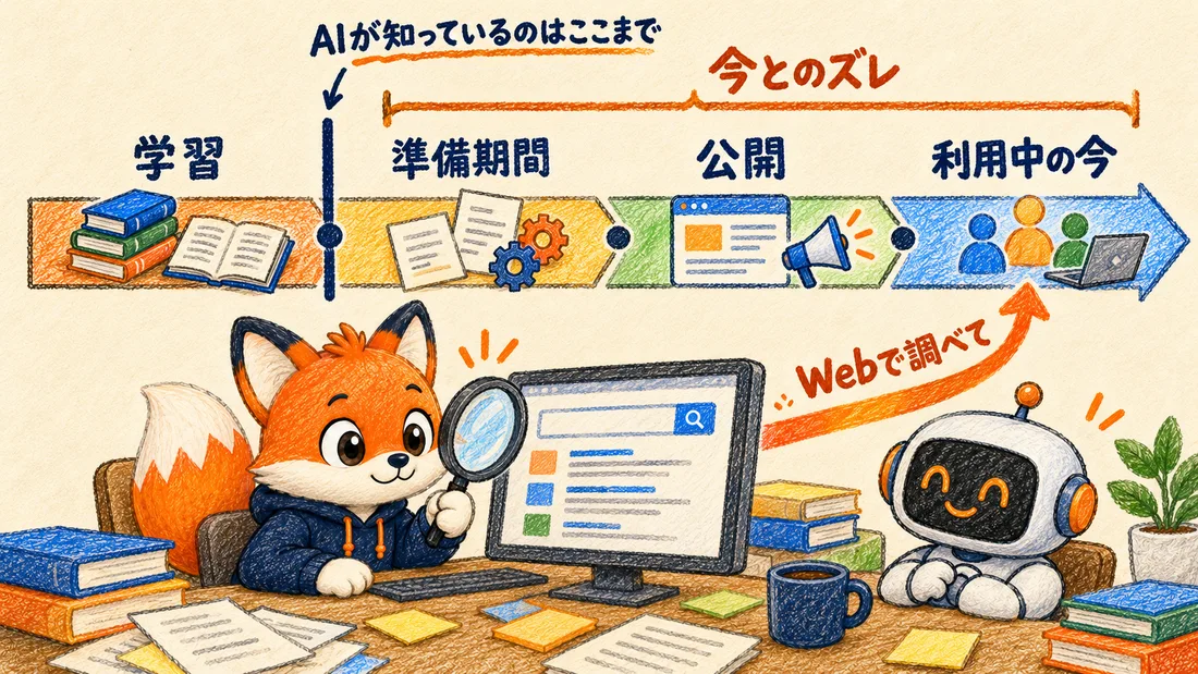 AIの学習から公開、利用中の今までの時間の流れと、Webで調べて今の情報を補う図
