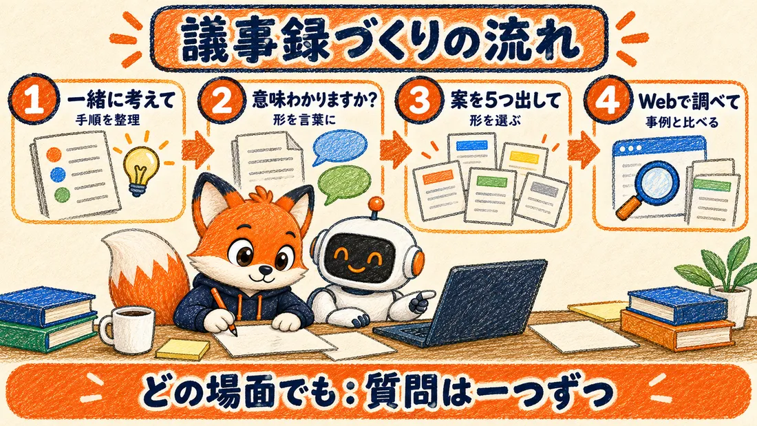 議事録づくりで、一緒に考えて（質問は一つずつを添えて）・意味わかりますか？・案を5つ出して・Webで調べての順に進める手順図
