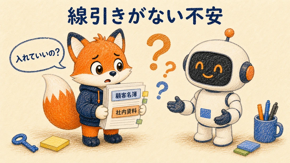 書類を抱えてAIに入れていいか迷う様子と「線引きがない不安」のラベルの図解