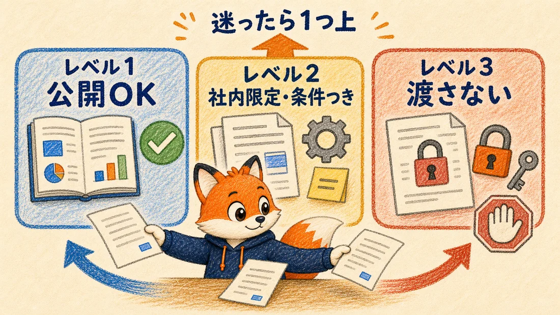 AIに渡す情報を公開OK・社内限定・渡さないの3段階に仕分ける図解