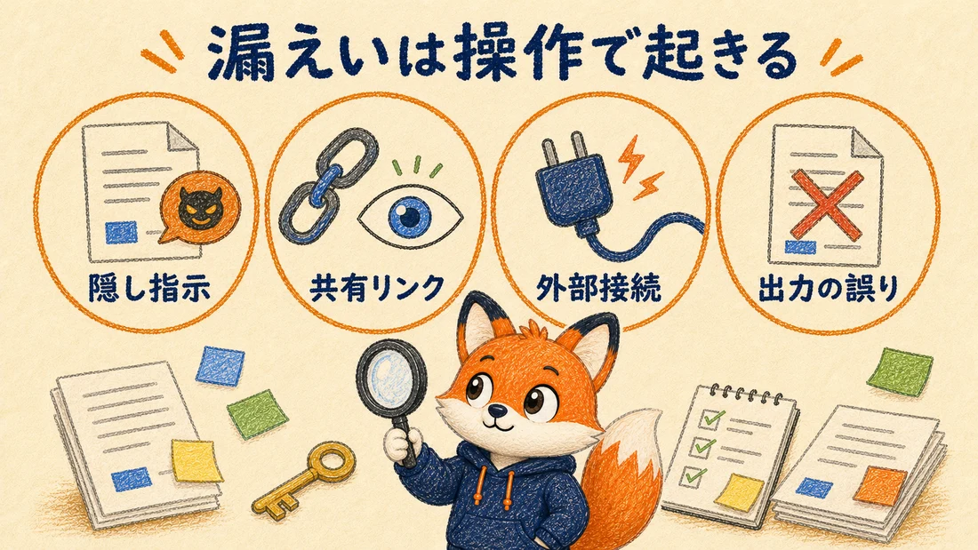 漏えいは操作で起きる。隠し指示・共有リンク・外部接続・出力の誤りの4リスクの図解