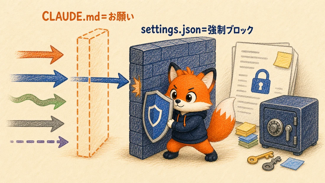 CLAUDE.mdはお願い・settings.jsonは強制ブロックという2層の壁の図解