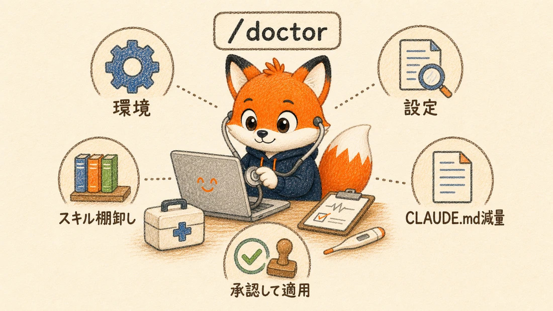 /doctorが診断できる5項目(環境・設定・スキル棚卸し・CLAUDE.md減量・承認して適用)のマップ図解