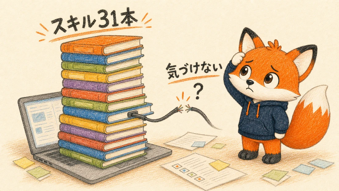 31本のスキルが積み上がったPCで、1本の配線が切れているのに気づけない状況の図解