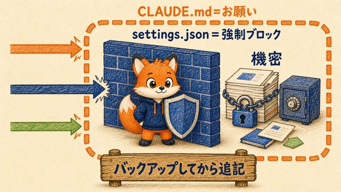 CLAUDE.mdはお願いの点線の壁、settings.jsonは強制ブロックの壁として機密書類を守る二重の壁の図解
