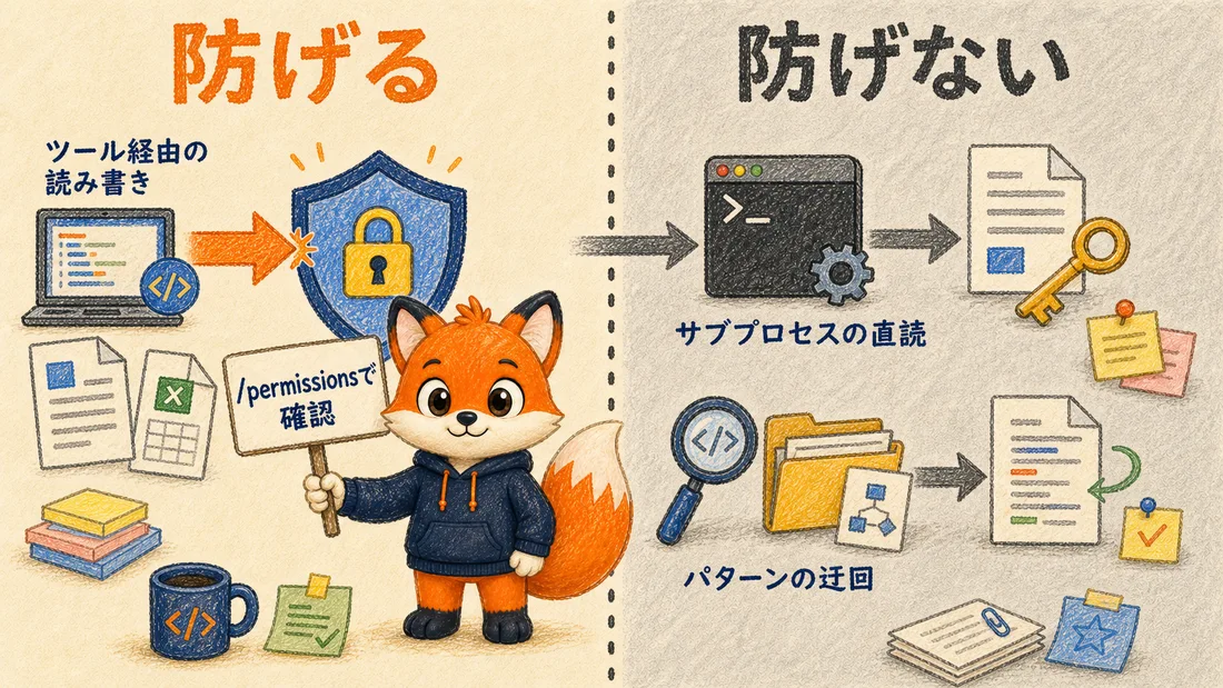 この設定で防げる範囲(ツール経由の読み書き)と防げない範囲(サブプロセスの直読・パターンの迂回)の境界図