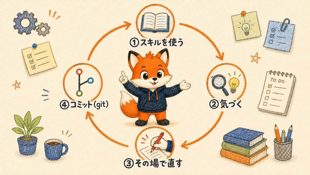 スキルを使う→気づく→その場で直す→コミット（git）の4ステップ改善ループ図